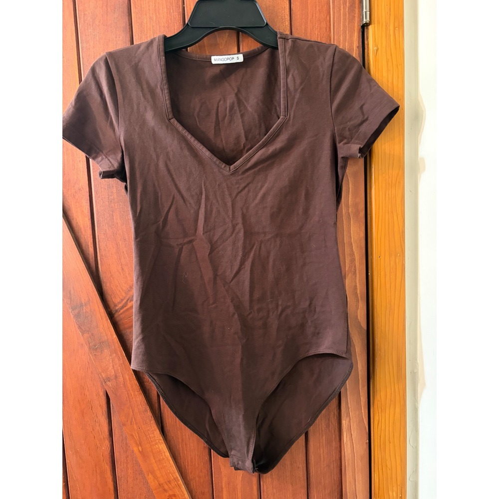 MangoPop Womens Chocolate Brown Deep V Neck Short Sleeve Bodysuit Size S